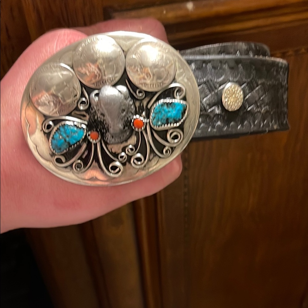 Buffalo coin buckle attached brown Leather Belt with Silver and Turquoise Buckle